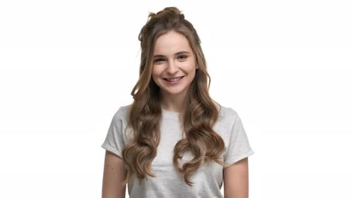 Smiling Woman in White T-Shirt on White Background