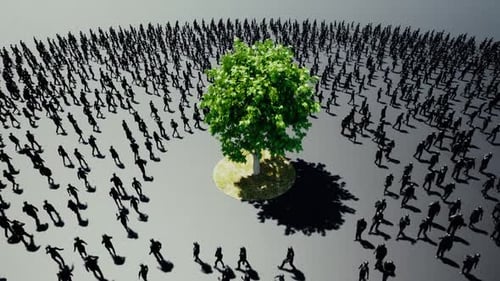 Green Tree Surrounded by Silhouettes