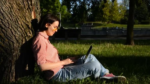Pleased Brunette Woman Using Laptop Computer While Sitting Near the Tree on Grass in City Park