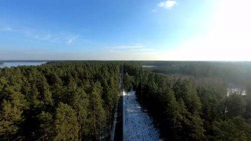 Vue aérienne d'une route traversant la forêt pendant la saison hivernale, Pologne.