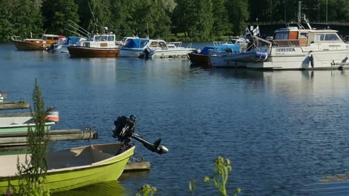 Boats Docked. Boats And Yachts Moored On Pier