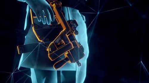 Animated Holographic Figure Holding Futuristic Weapon