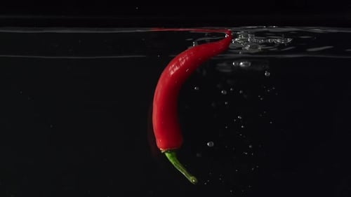 Bright Red Chili Pepper Dropped Into Water