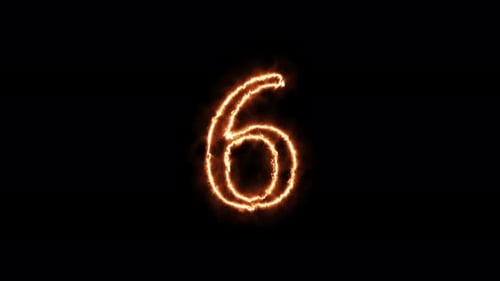Number 6 fire. Symbol animation burning in a flame on a black background