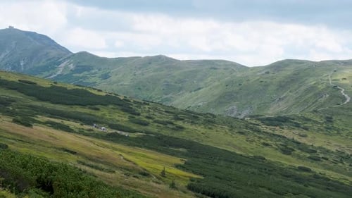 Landschaftsblick auf grüne Hügel im Tal der Berge mit Nadelwäldern