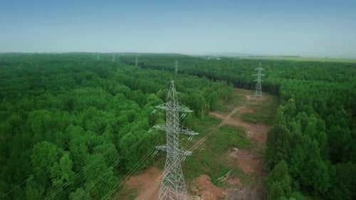 Torre de linha de transmissão de energia elétrica de alta tensão que se estende até a floresta