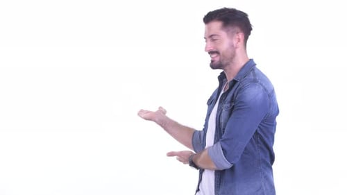 Man Gesturing and Presenting on White Background