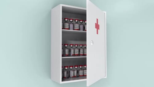 Bottles with Vaccines COVID-19 Coronavirus in the Medicine Locker in Hospital