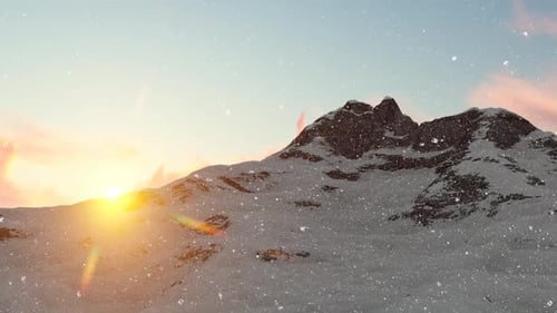 Winter Mountain Landscape with Falling Snow at Sunset