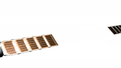 many space artificial earth satellites fly in a row one after another. animation alpha channel