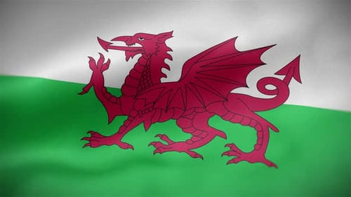 Waving Flag of Wales with Red Dragon Symbol