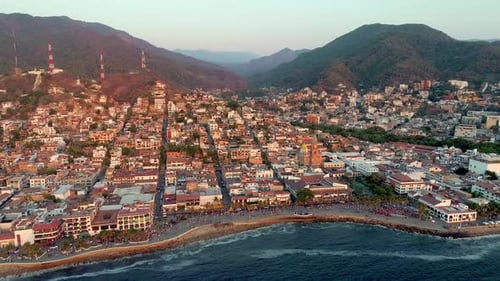 Coastal City Aerial View at Sunrise