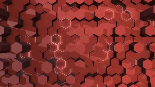 Dynamic Red Hexagon Grid with Glowing Neon Outlines Background