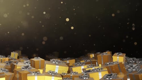 Golden Gift Boxes and Falling Snowflakes Festive Background