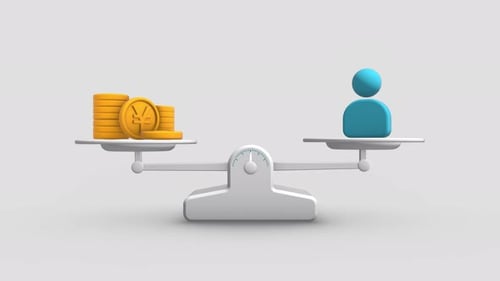 Modern 3D Balance Scale Comparing Money and Person Value