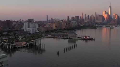 An aerial view of Manhattan's Little Island in the morning. The camera dolly in and tilt down over t
