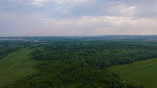 Flight Over Green Fields and Trees Against the Sky
