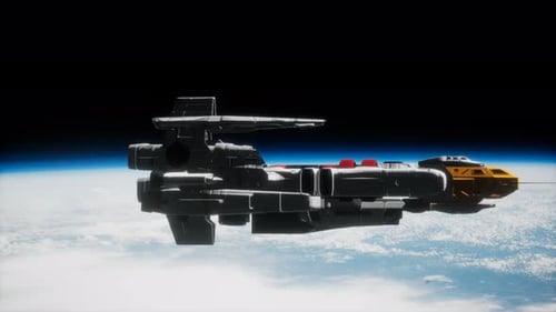 Futuristic Spacecraft Flying Above Planet Earth