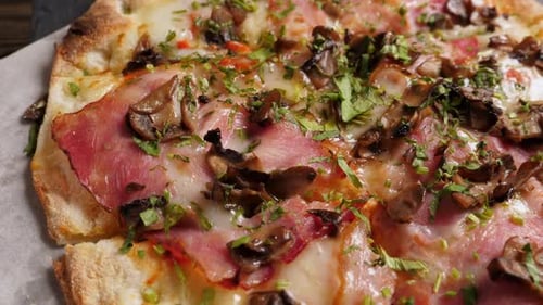 Mouthwatering Ham and Mushroom Pizza Close Up