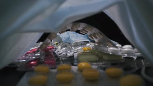 Píldoras antibacterianas debajo de la máscara como tratamiento de enfermedades en negro
