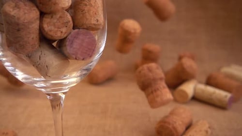 Wine corks fall on burlap against a background of wineglass. Slow motion.