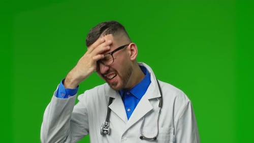 Man in Doctor's Coat with a Headache on Green Screen
