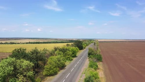 Highway among agricultural fields. Aerial view