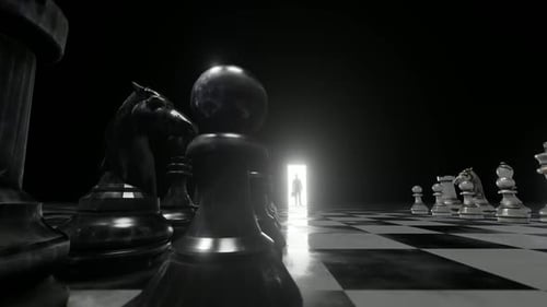 Empresário e xadrez gigante esperando na misteriosa porta iluminada