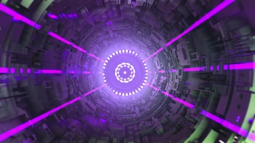 Abstract Sci-Fi Tech Tunnel with Glowing Purple Lights