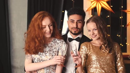 Smiling Friends Toasting with Champagne at Party