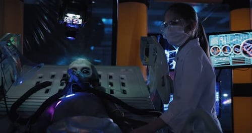 Scientist Examines Alien Patient in Bright Futuristic Lab