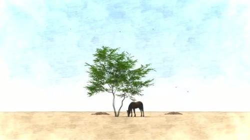 Animated Horse and Tree in Desert Artistic Scene