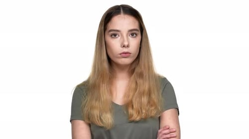 Young Woman Eye Roll on White Background