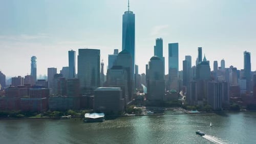 Flying Towards Manhattan Buildings on Sunny Summer Day New York City Aerial