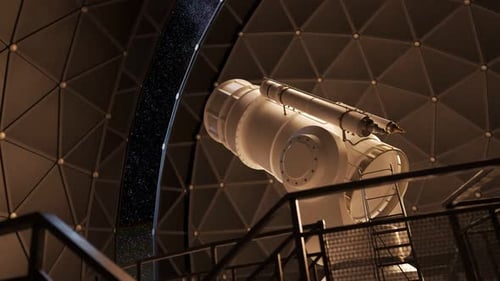 Astronomical Telescope Rotating in Observatory Dome Towards Starry Sky