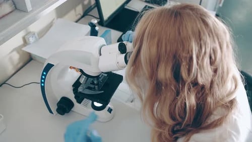 Woman Using Microscope in Bright Laboratory Setting