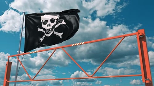 Waving Jolly Roger Pirate Flag With Barrier