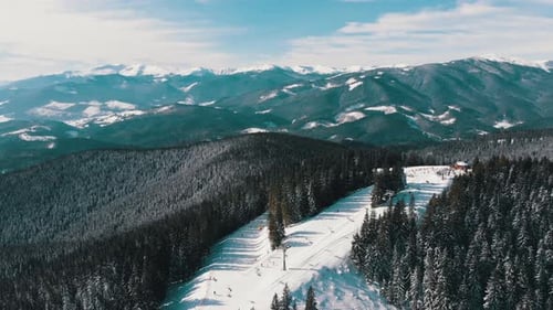 Aerial Ski Slopes with Skiers and Ski Lifts on Ski Resort. Snowy Mountain Forest