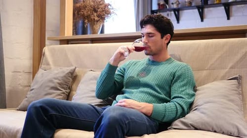 Man Enjoying Red Wine on Comfortable Sofa