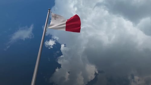 Realistic Malta Flag Waving in Blue Sky with Clouds