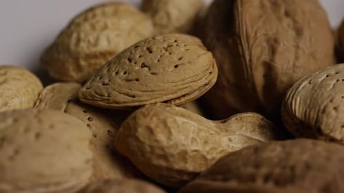 Close-up of Assorted Shelled Nuts, Walnuts, Almonds, and Peanuts