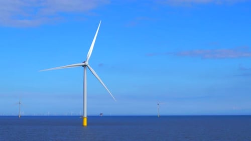 Windmills generating green energy at the sea in 4K