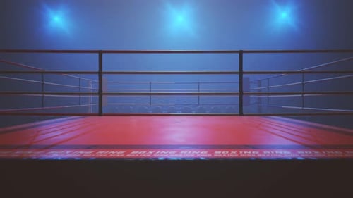 Animation with metal vintage microphone above the boxing ring. Camera flashes.