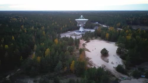 Aerial View of Super Secret Soviet Radio Telescope Near Abandoned Military Town Irbene in Latvia.