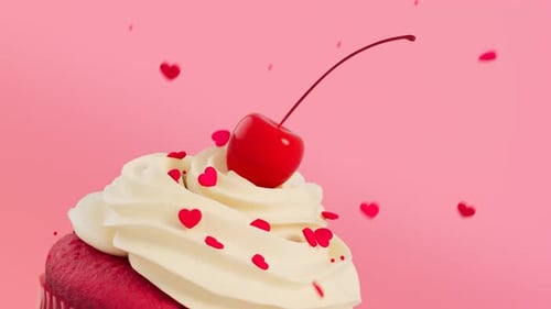 Animated Cupcake with Falling Heart Sprinkles and Cherry