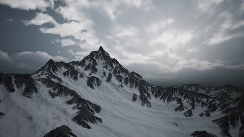 Panoramic View of Snowy Mountain Peaks with Moving Clouds