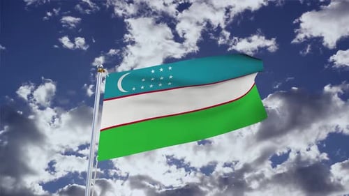 Uzbekistan Flag Waving in Realistic Blue Sky Animation
