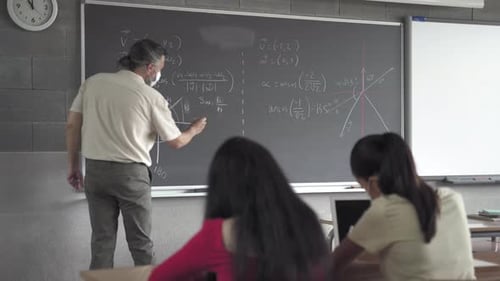 Secondary School Maths Teacher and Students Wearing a Protective Face Mask in the Classroom