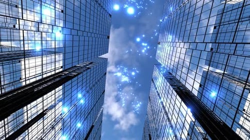 Futuristic Corporate Buildings with Glowing Technology Particles