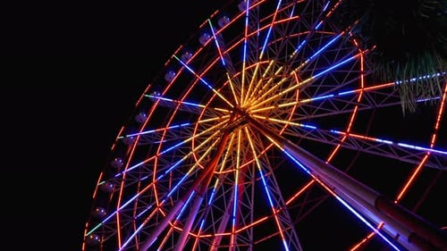 La noria con luces gira por la noche